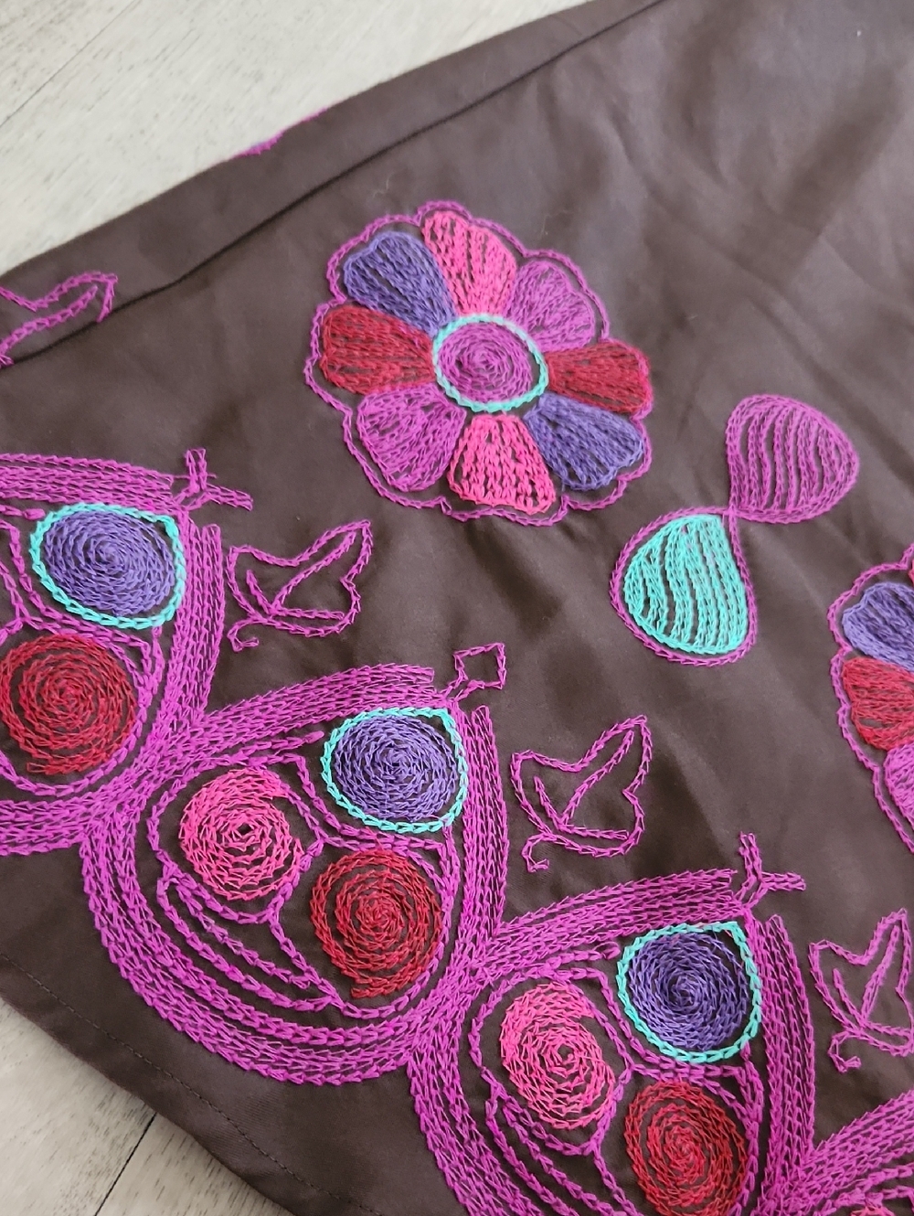 Anne Carson Brown Embroidered Floral Cotton And Silk A-Line Skirt - Picture 3 of 5
